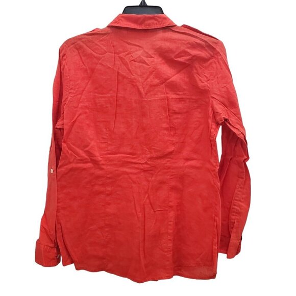 Chico's Women's Bright Orange Linen Blend Roll Tab Military Button Up Shirt Sz 1 - Picture 5 of 5